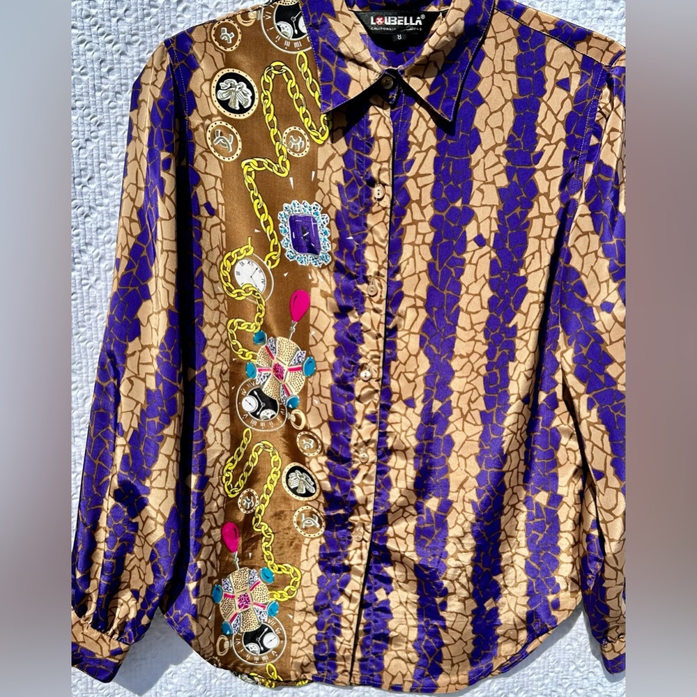 Vintage LouBella Baroque Chain Print Satin Blouse Gold Purple Sz 8 - Picture 7 of 9